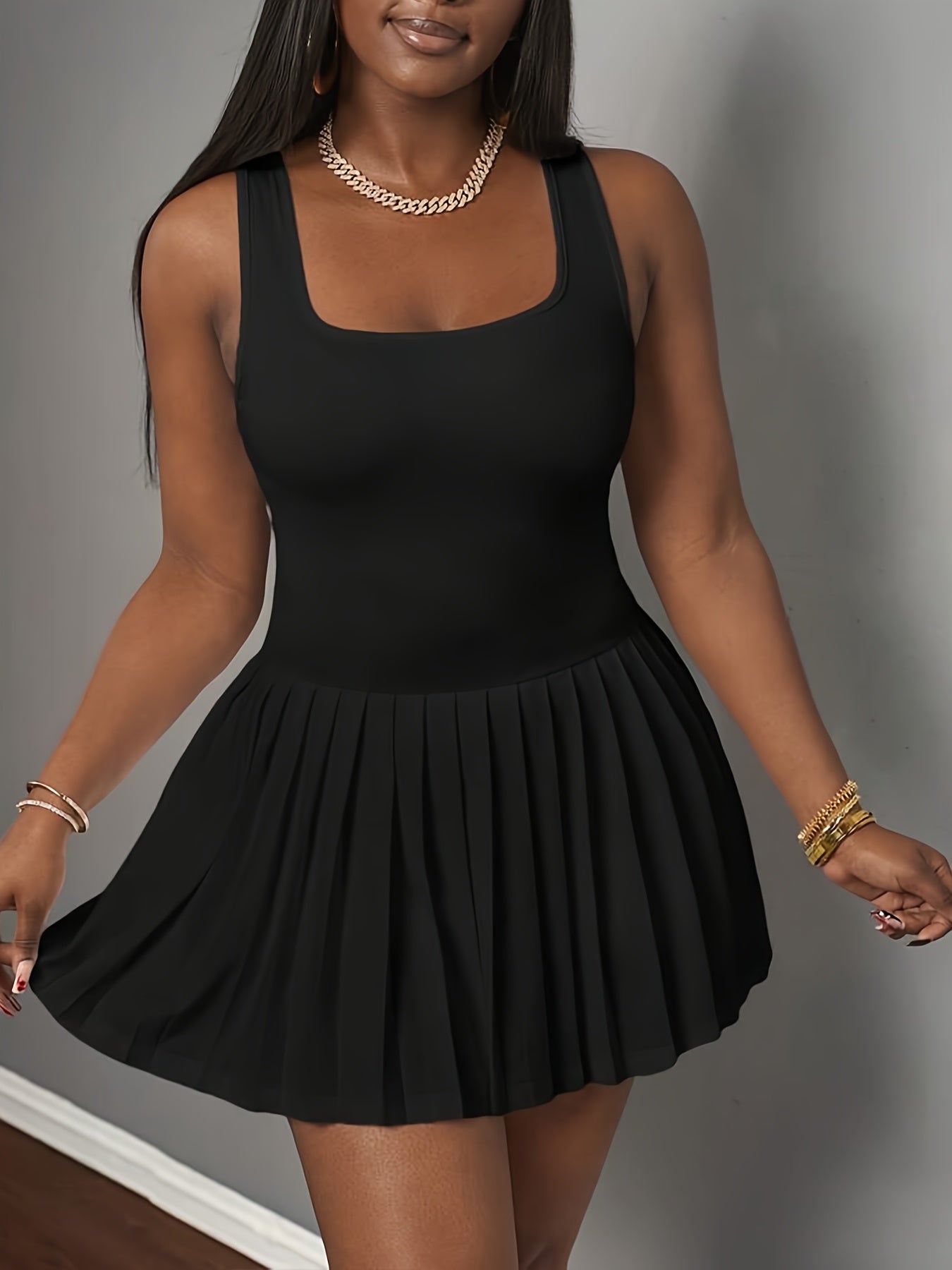 Women's High-Waisted Stretchy Sleeveless Square Neck Mini Dress with Pleated Hem - Flared Fitted Top & Flared Skirt for Commuting, Tennis, Gym, Dates - Machine Washable White Casual Chic Outfit, Fitness Clothing