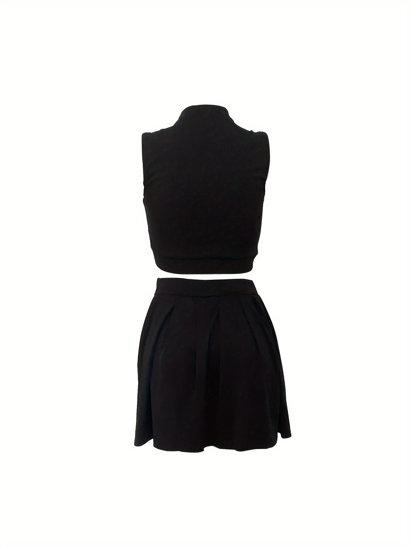 2pcs Elegant Sleeveless Summer Outfit Set - Women's Polyester Crew Neck Shorts Skirt - Solid Color, 95% Polyester 5% Elastane, All-Season Knit Fabric