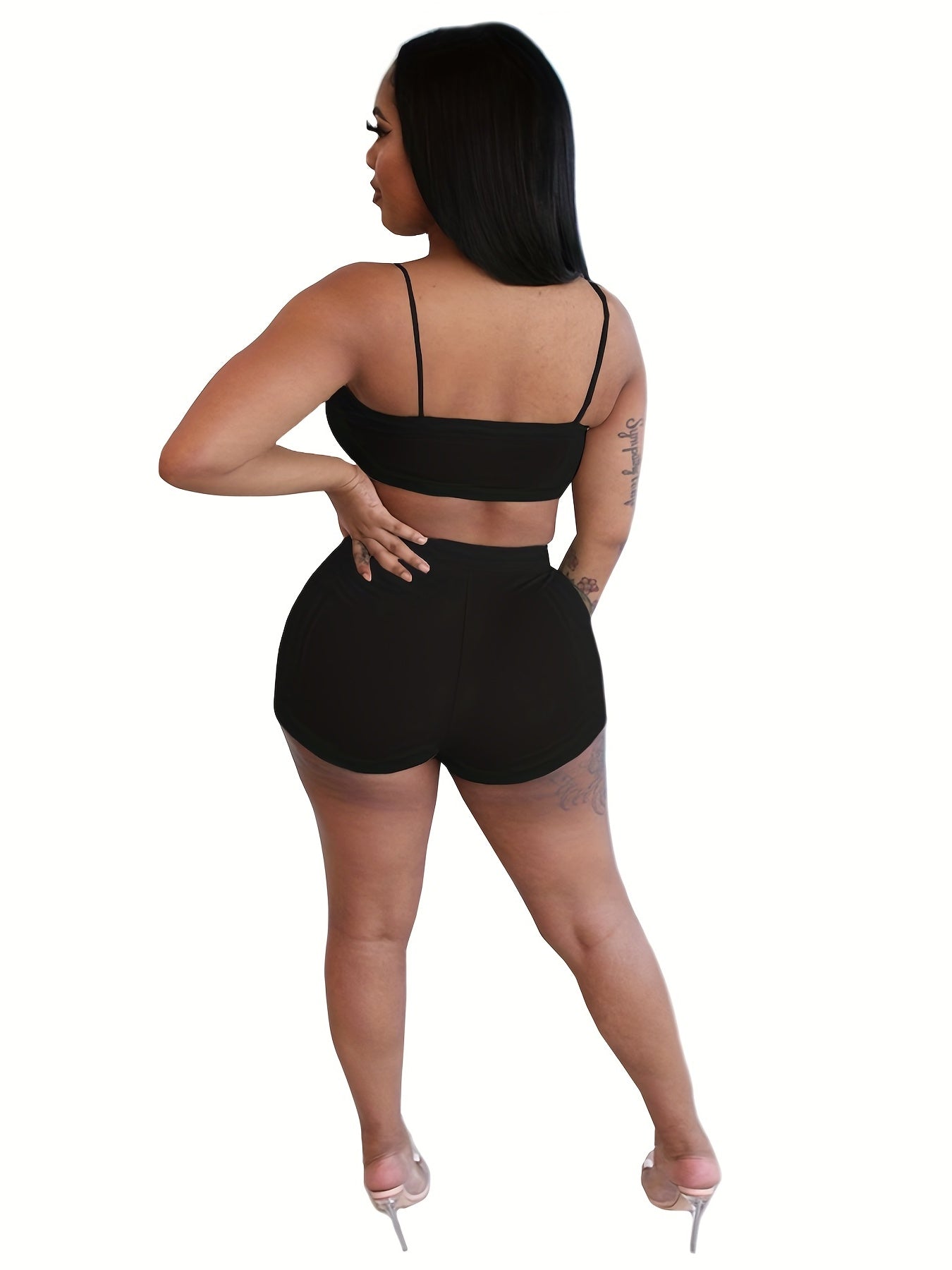 Casual Solid Three-piece Set, Crop Cami Top & High Waist Shorts & Open Front Coat Outfits, Women's Clothing