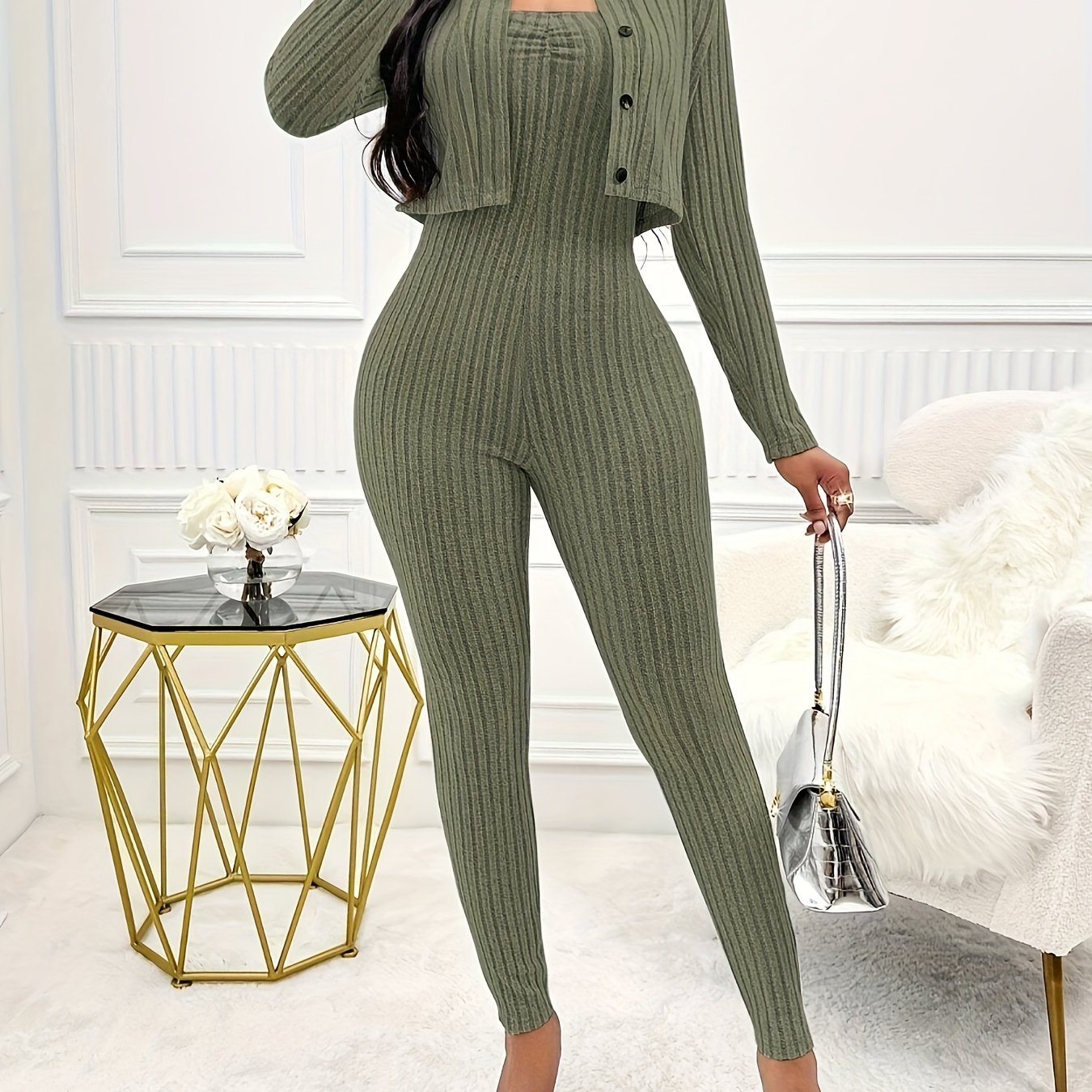 Women's Solid Color Ribbed Two-piece Set - Long Sleeve Button Front Crop Cardigan & Skinny Strapless Jumpsuit Outfits - For Women - Perfect for Casual & Party Occasions - Stylish Gift for Fashionable Women