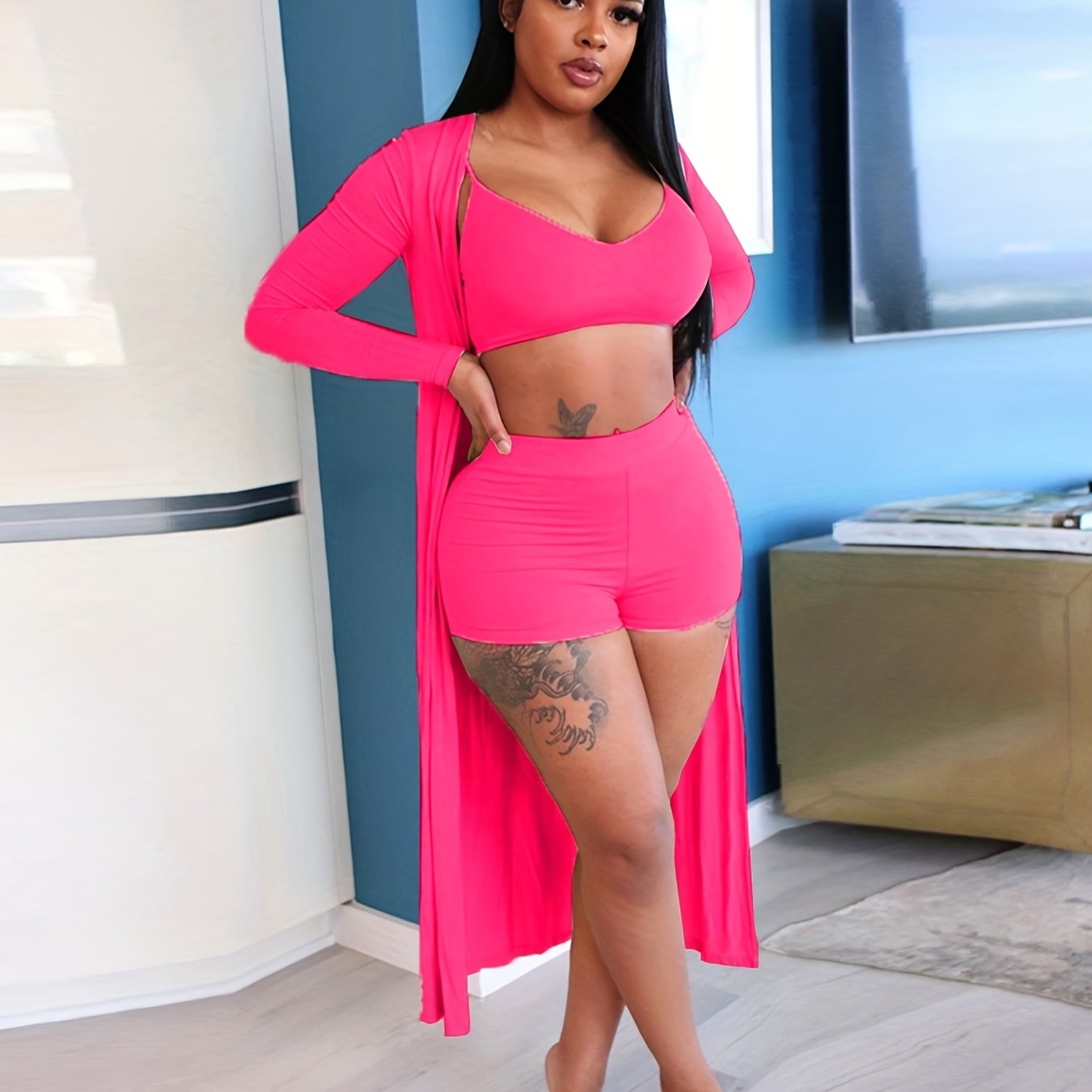 Casual Solid Three-piece Set, Crop Cami Top & High Waist Shorts & Open Front Coat Outfits, Women's Clothing