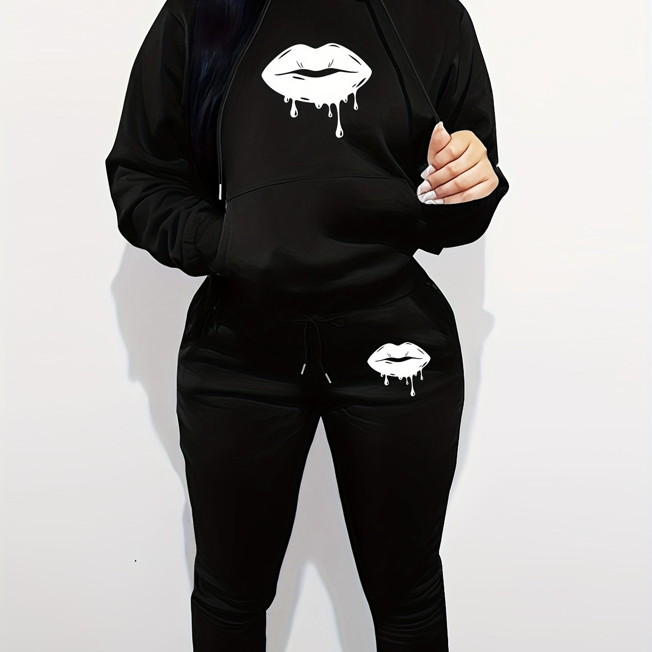 Women'S Casual Two-Piece Set - Gray Hoodie with Black Lip Print & Matching Pants, Long Sleeve, Drawstring Hood, Pockets, Comfortable Fall/Winter Outfit, Comfortable Clothing | Playful Design | Drawstring Hoodie