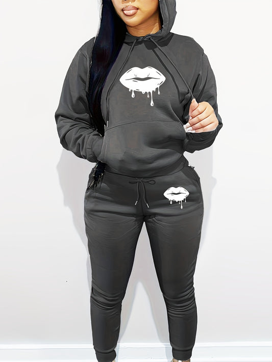 Women'S Casual Two-Piece Set - Gray Hoodie with Black Lip Print & Matching Pants, Long Sleeve, Drawstring Hood, Pockets, Comfortable Fall/Winter Outfit, Comfortable Clothing | Playful Design | Drawstring Hoodie
