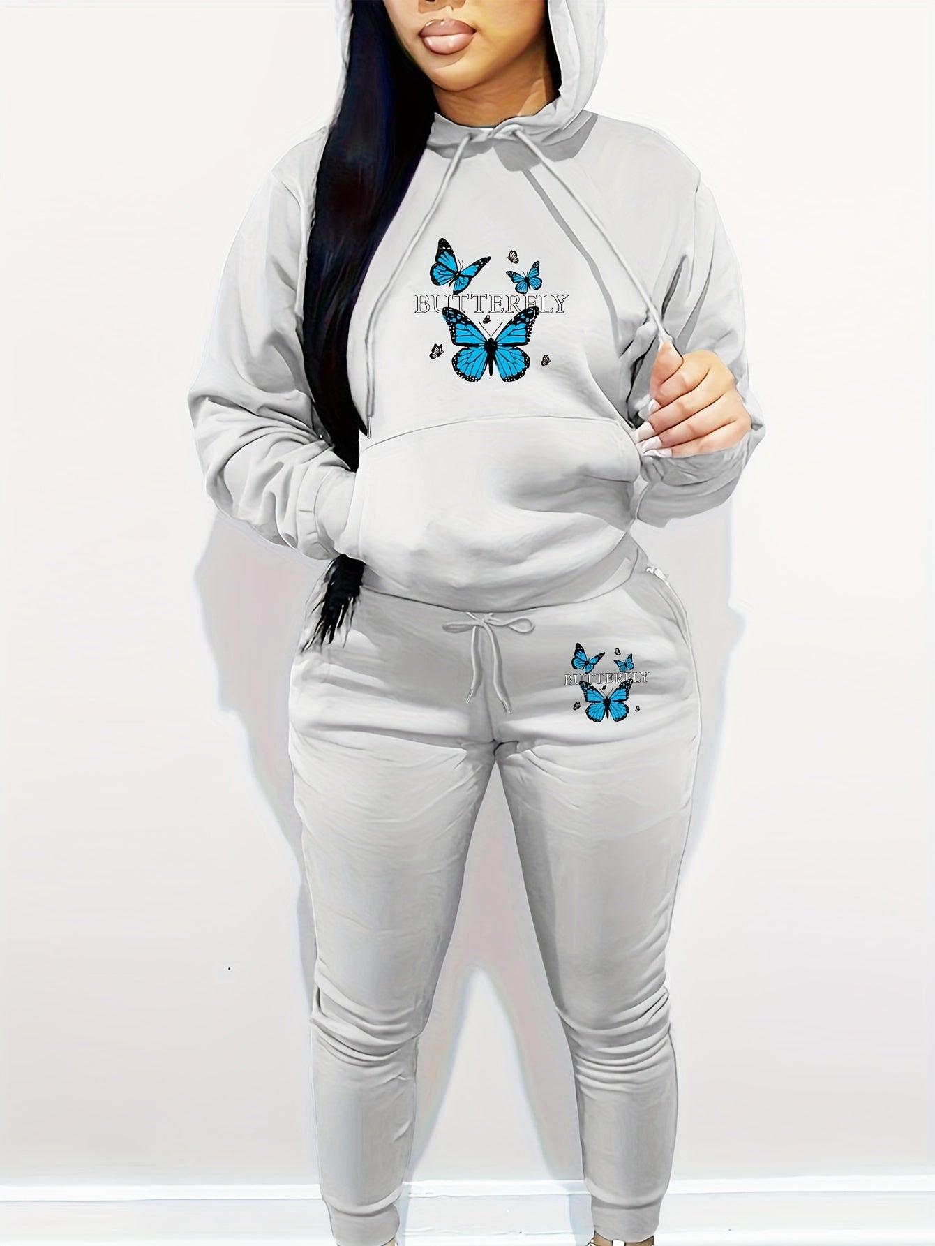 Butterfly Pattern Hooded Long Sleeve Hoodie and Pants - Women's Casual Two-Piece Knit Polyester Set with Pockets
