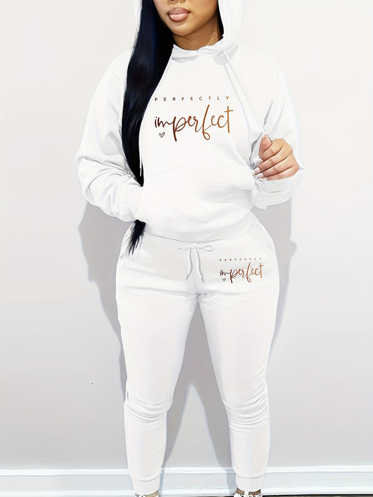 Women's Casual Letter Print Hoodie & Pants Set - Cozy Polyester, Machine Washable, with Pockets - Perfect for Fall/Winter