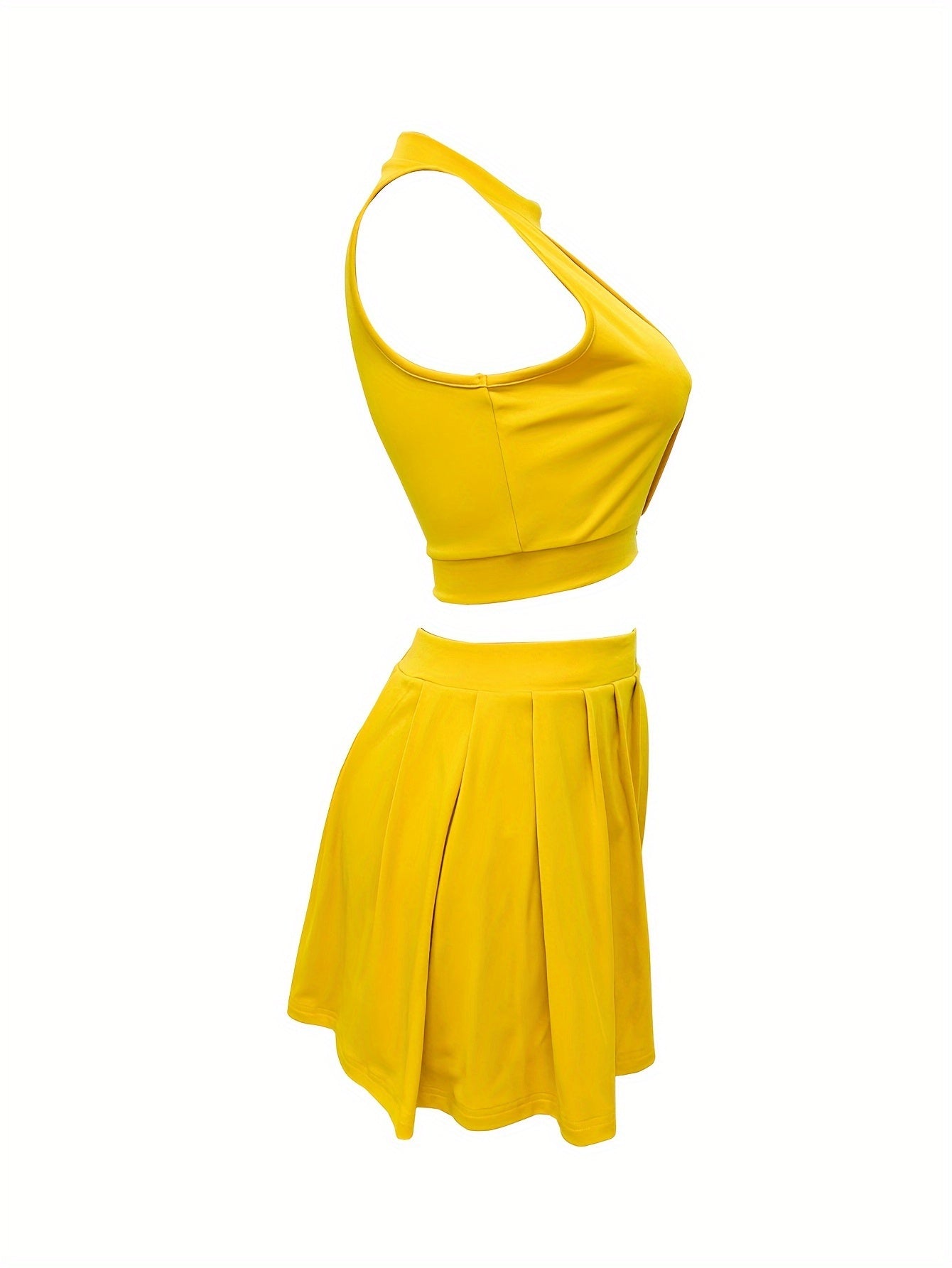 2pcs Elegant Sleeveless Summer Outfit Set - Women's Polyester Crew Neck Shorts Skirt - Solid Color, 95% Polyester 5% Elastane, All-Season Knit Fabric