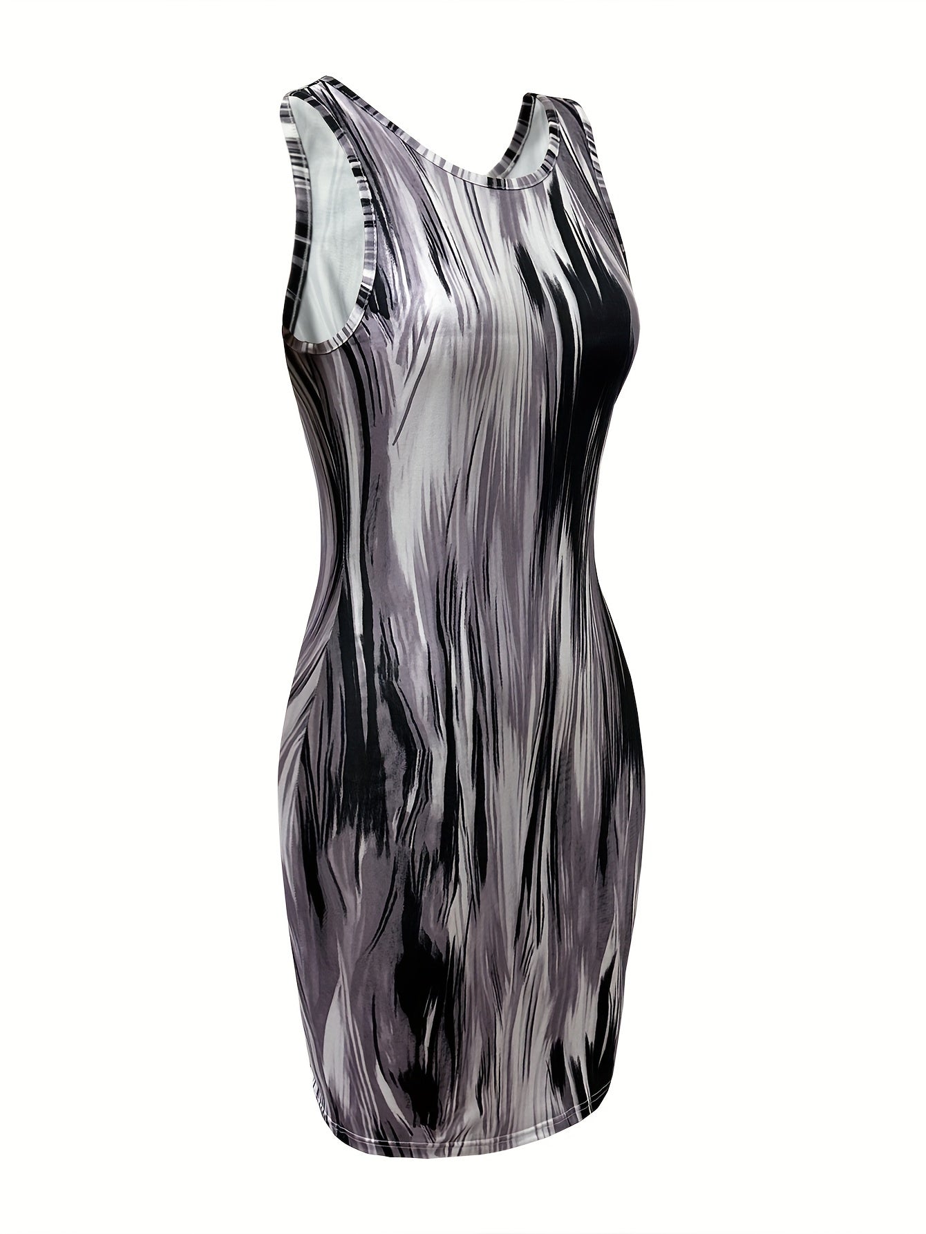 Elegant Tie-Dye Sleeveless Bodycon Dress for Women - Crew Neck, Stretch Polyester, Machine Washable
