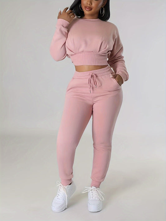 Women's Ribbed Fleece-Lined Casual Two-Piece Set: Long Sleeve Crop Top & High-Waist Pants - Stretchy Polyester Blend, Machine Washable, Solid Black