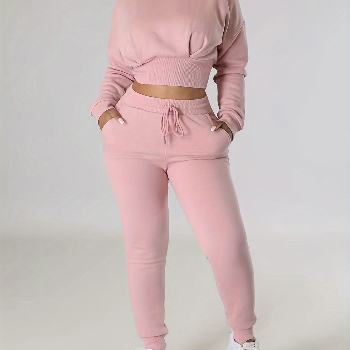 Women's Ribbed Fleece-Lined Casual Two-Piece Set: Long Sleeve Crop Top & High-Waist Pants - Stretchy Polyester Blend, Machine Washable, Solid Black