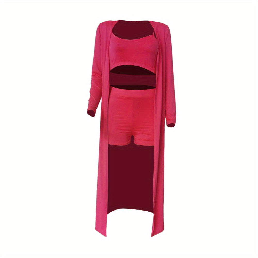 Casual Solid Three-piece Set, Crop Cami Top & High Waist Shorts & Open Front Coat Outfits, Women's Clothing