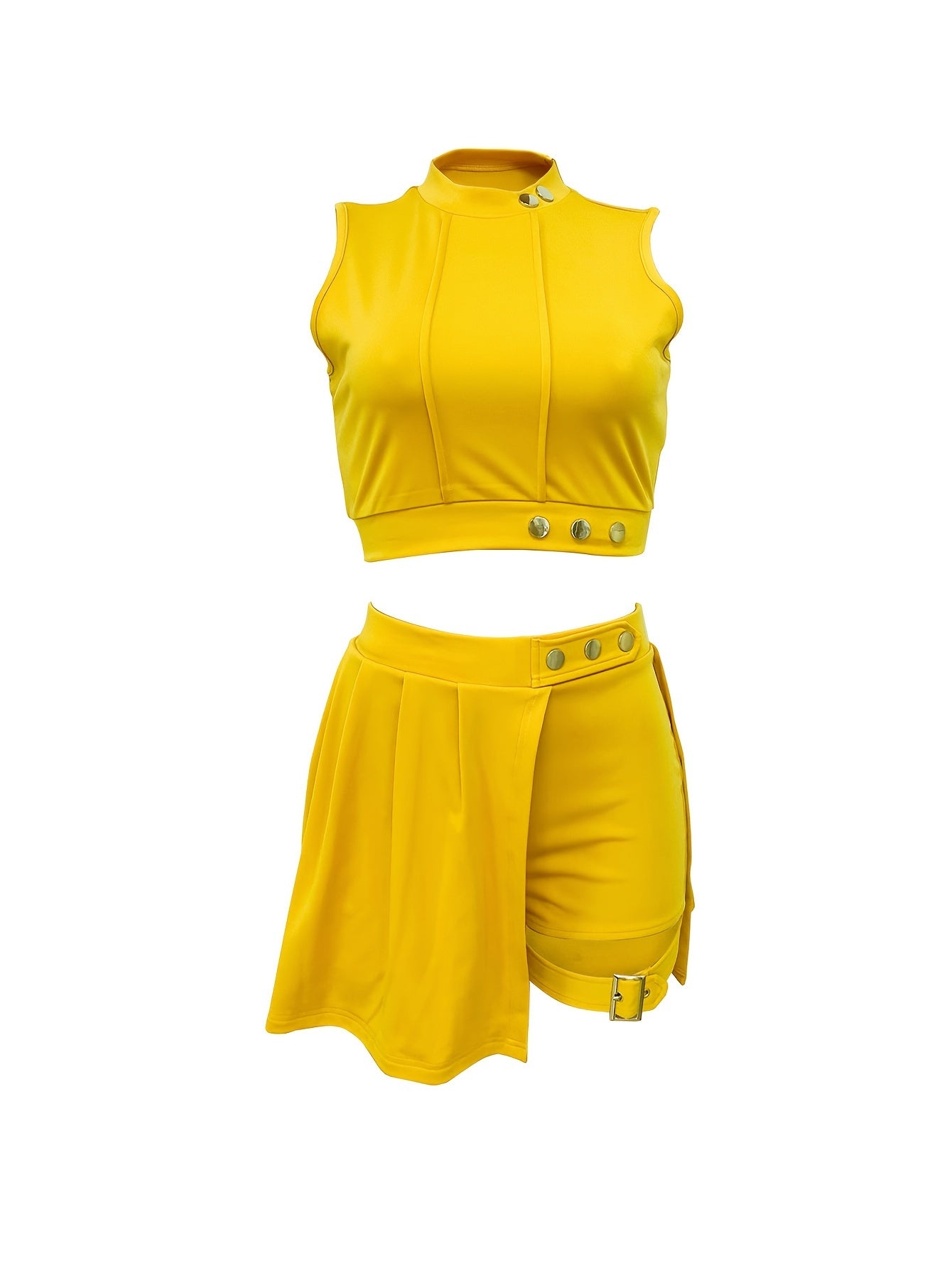 2pcs Elegant Sleeveless Summer Outfit Set - Women's Polyester Crew Neck Shorts Skirt - Solid Color, 95% Polyester 5% Elastane, All-Season Knit Fabric
