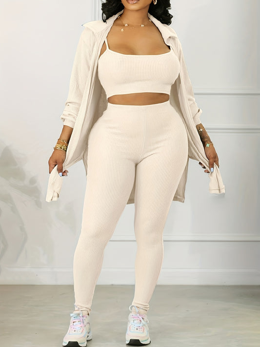 Three-Piece Set - Chic Open Front Outwear, Crop Cami Top, and Skinny Pants Outfit - Comfortable, Versatile, and Stylish Women's Clothing for Everyday Wear