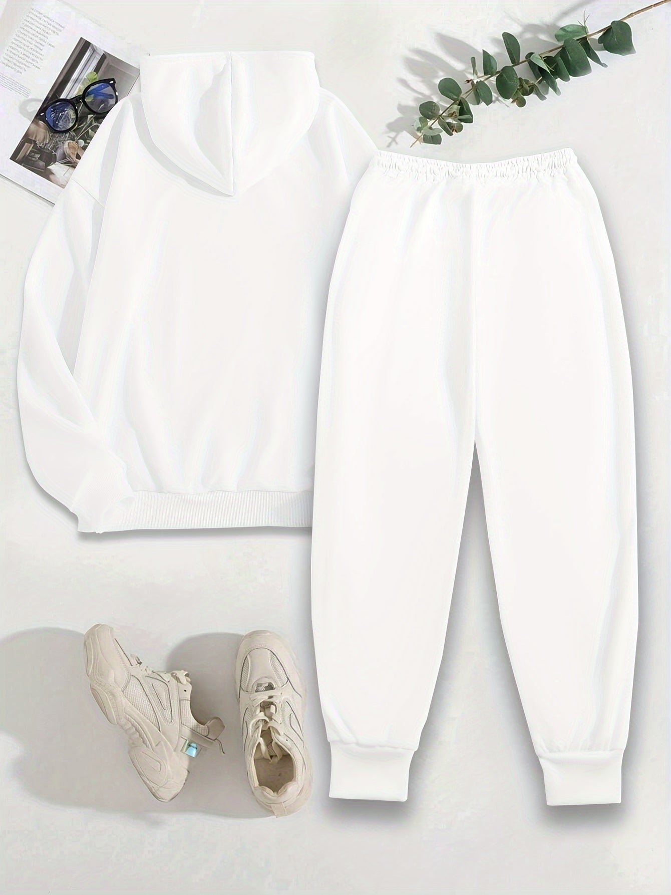 Butterfly Pattern Hooded Long Sleeve Hoodie and Pants - Women's Casual Two-Piece Knit Polyester Set with Pockets