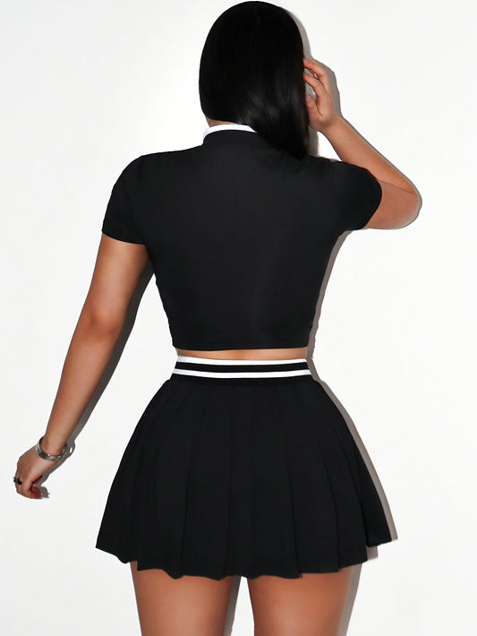 Spring/Summer Women's 2pcs Solid Color Striped Slim Fit Short Sleeve Shirt and Mini Skirt Set