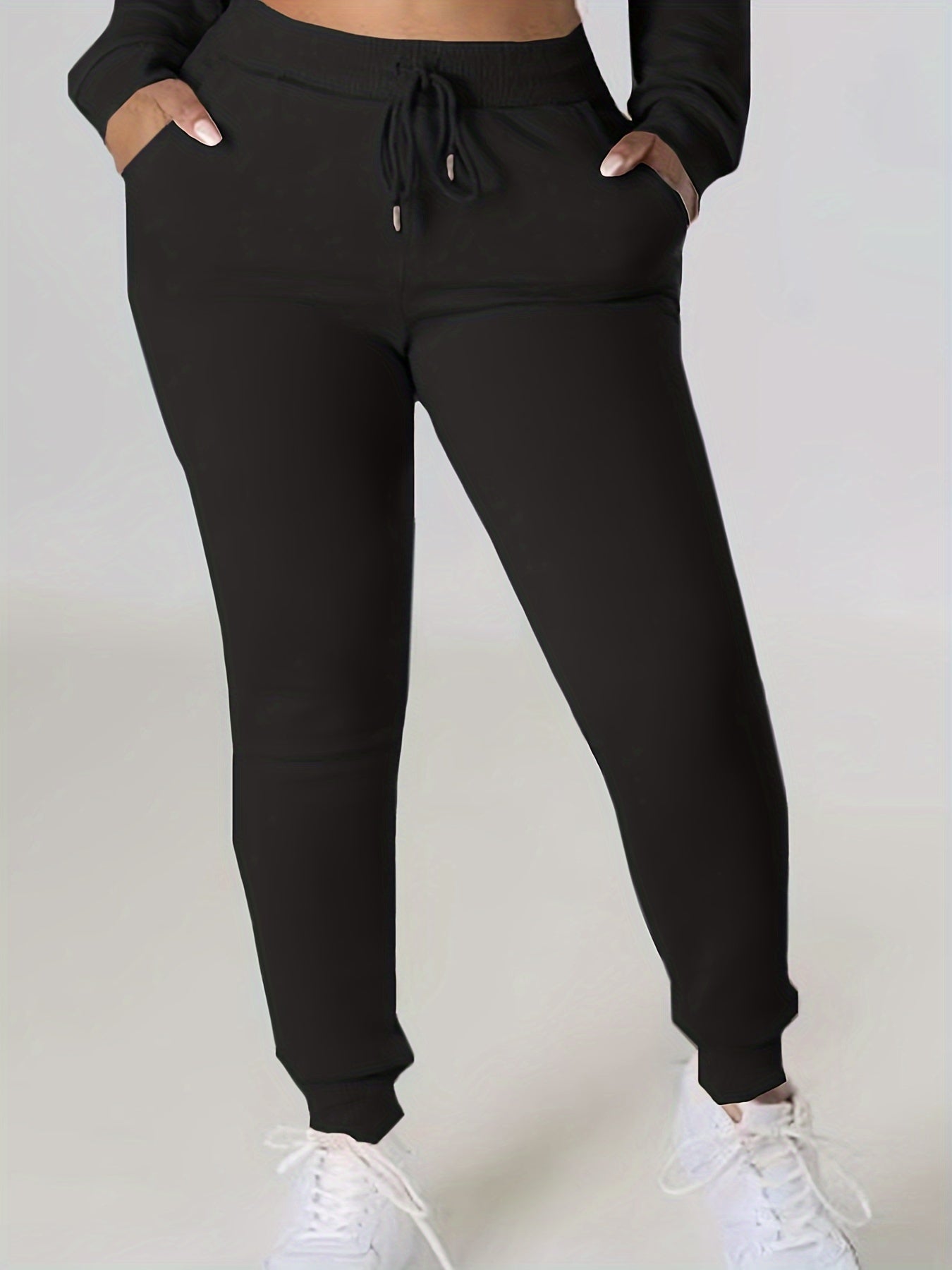 Women's Ribbed Fleece-Lined Casual Two-Piece Set: Long Sleeve Crop Top & High-Waist Pants - Stretchy Polyester Blend, Machine Washable, Solid Black