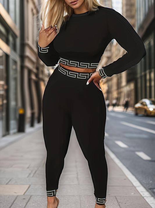 Sleek Style| Women's Chic Black Two-Piece Set: Geometric Cut-Out Long Sleeve Crop Top & High-Waisted Pants - Stretchy Polyester, Machine Washable, Casual Style